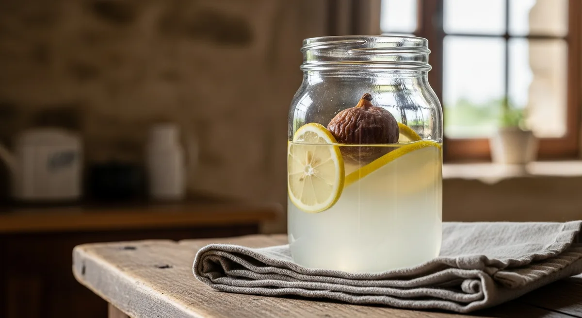 Bocal de kéfir d'eau en fermentation avec figue sèche et rondelle de citron
