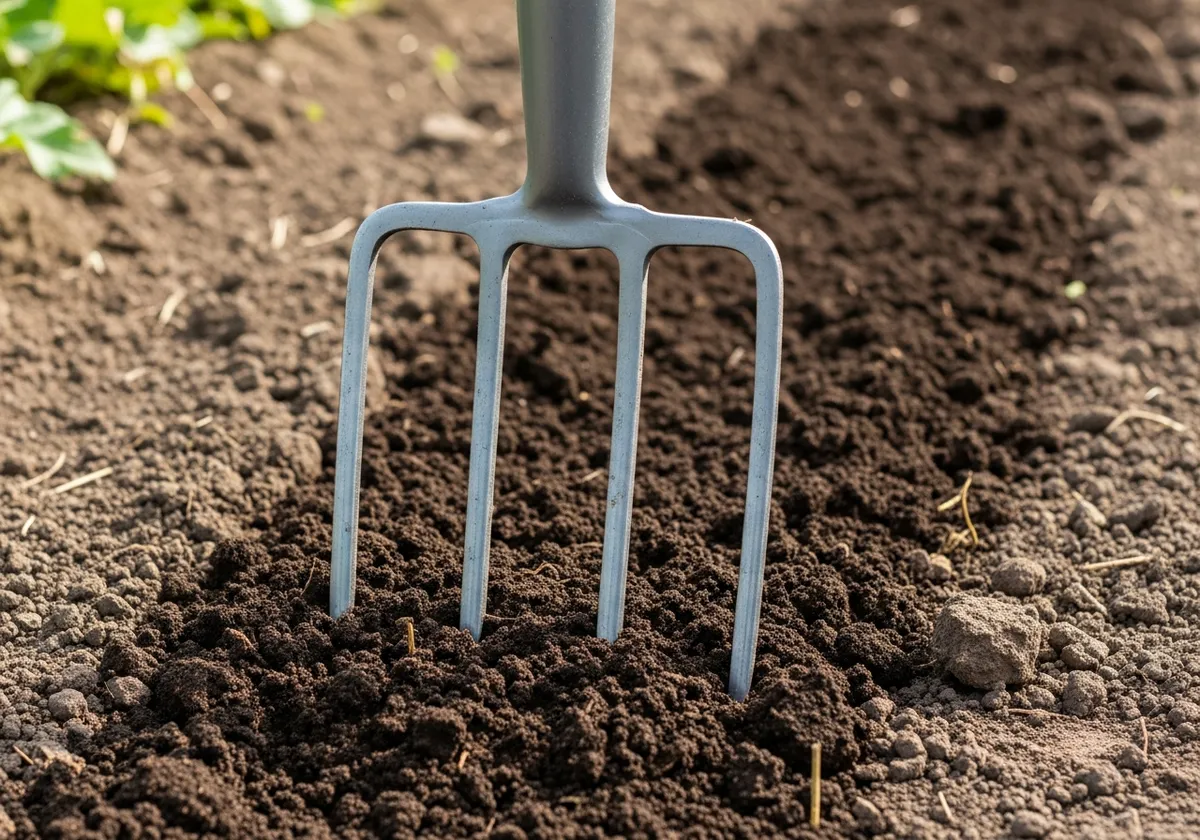 Grelinette à 4 dents enfoncée dans un sol argileux, manche incliné pour illustrer la technique de décompactage