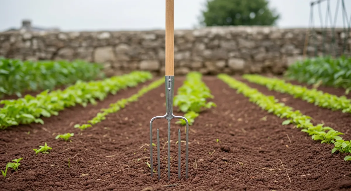 Grelinette à 4 dents posée contre un muret de granit au bord d'un potager
