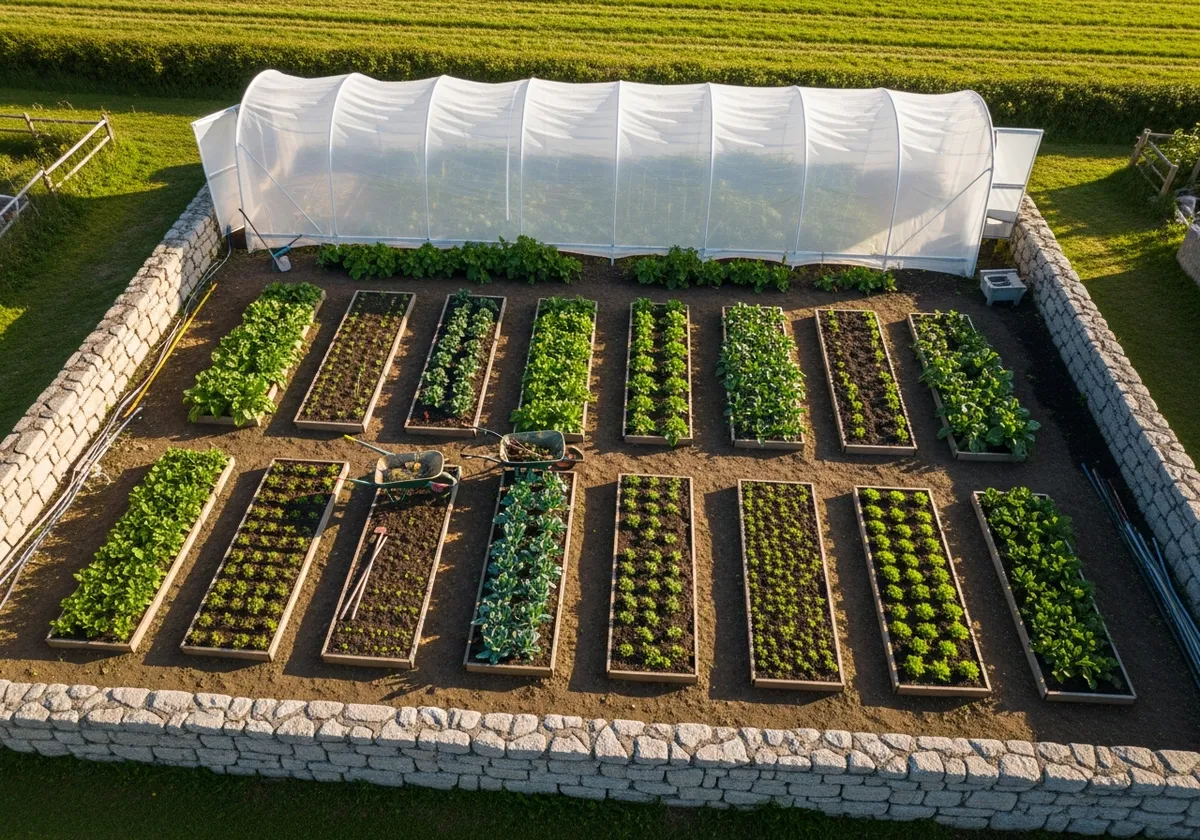 Vue aérienne d'une micro-ferme maraîchère avec planches cultivées en rangs ordonnés, tunnel et outils visibles, cadre breton