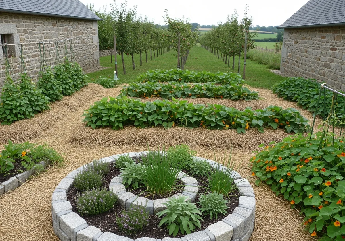Jardin en permaculture avec buttes paillées, cultures associées et arbres fruitiers illustrant les zones de conception