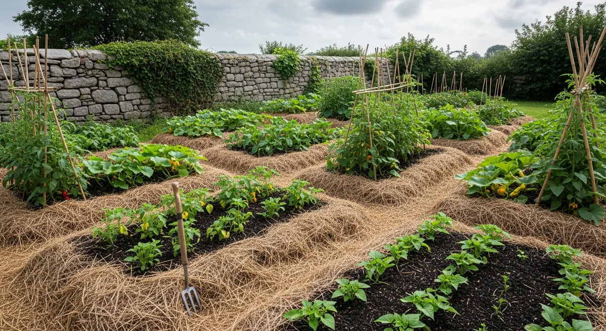 Jardin en permaculture avec zones de cultures associées, paillis épais et buttes, vu depuis la ferme de Lezavarn