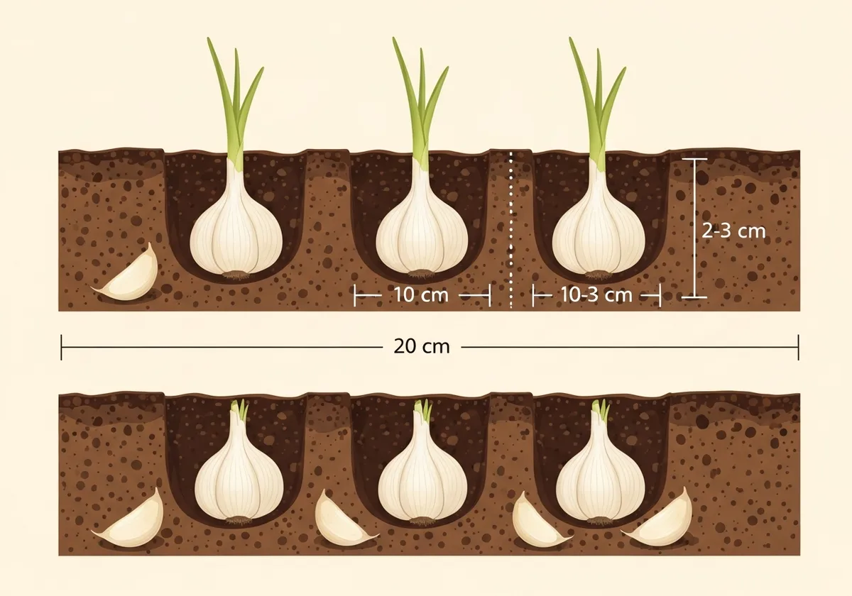 Schéma de plantation de l'ail : gousses enfoncées pointe vers le haut à 2-3 cm de profondeur, espacement 10 cm entre les gousses sur le rang et 20 cm entre les rangs