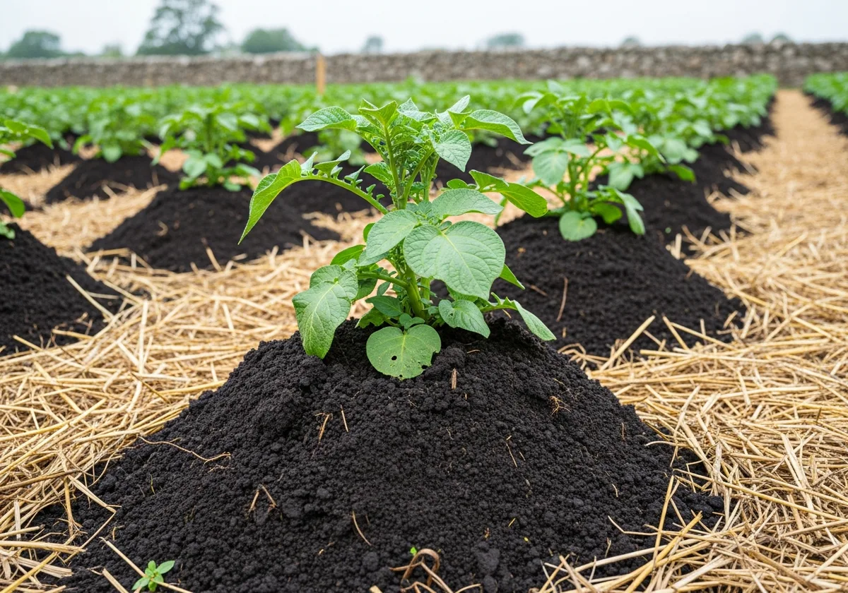 Rang de pommes de terre buttés à 20 cm dans un potager breton, paille entre les rangs sur sol argilo-limoneux