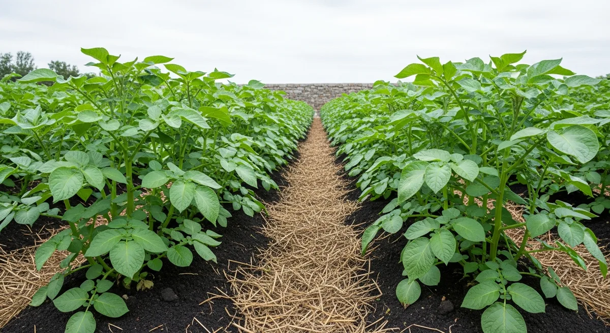 Plants de pommes de terre buttés dans un potager du Finistère, feuilles vertes saines sur sol argilo-limoneux