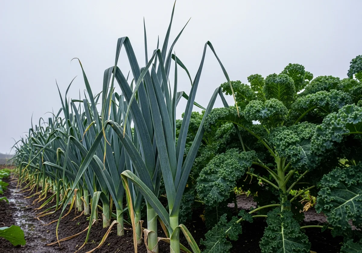 Rangs de poireaux et chou kale dans un potager breton en hiver, sous ciel gris oceanique