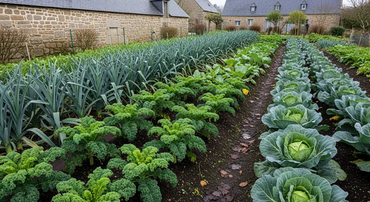 Potager d'hiver en Bretagne avec rangs de poireaux, choux et mâche sous ciel gris océanique