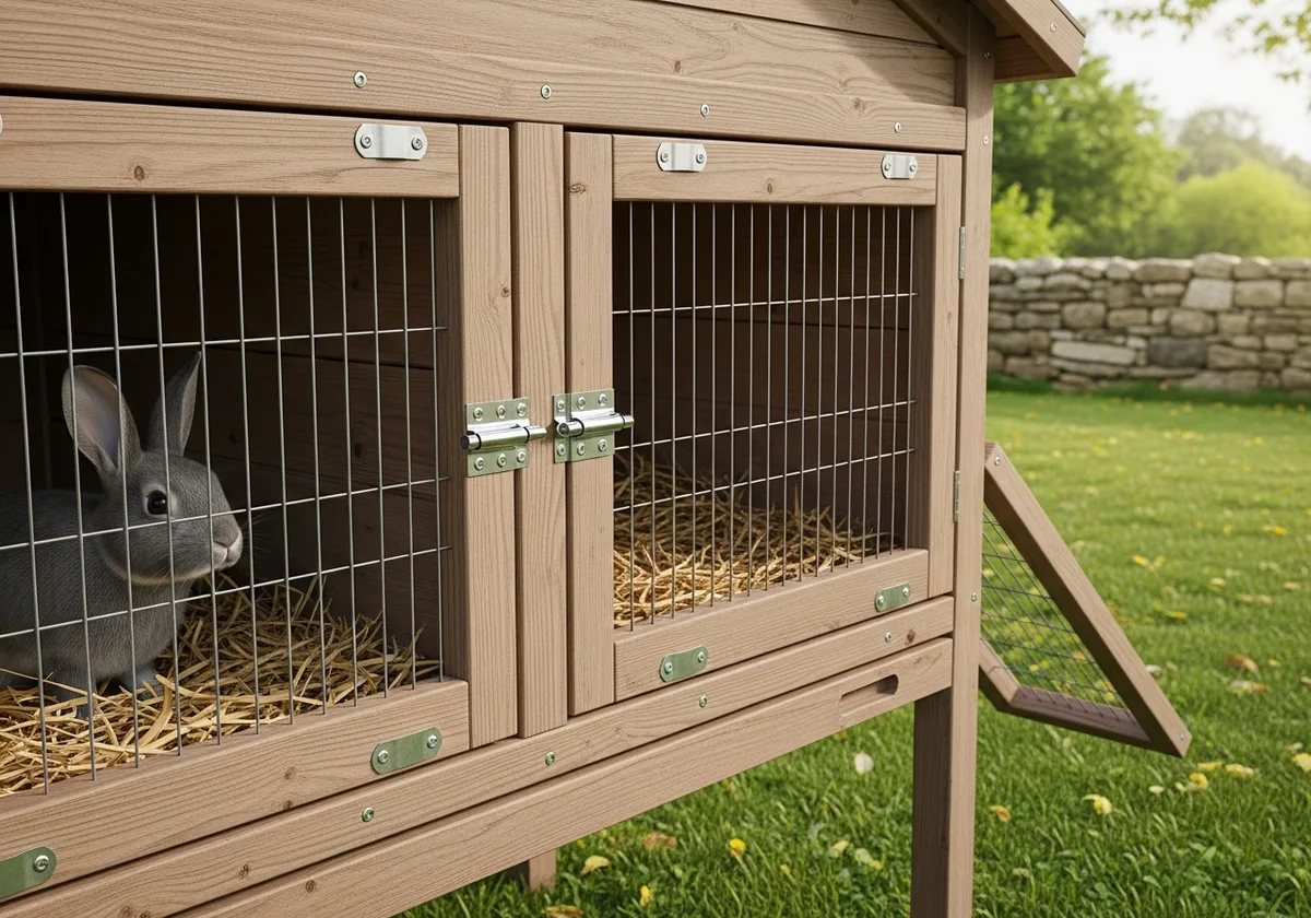 Clapier à deux compartiments en bois récupéré, grillage et loquet métallique, lapin gris visible à l'intérieur, jardin breton en fond