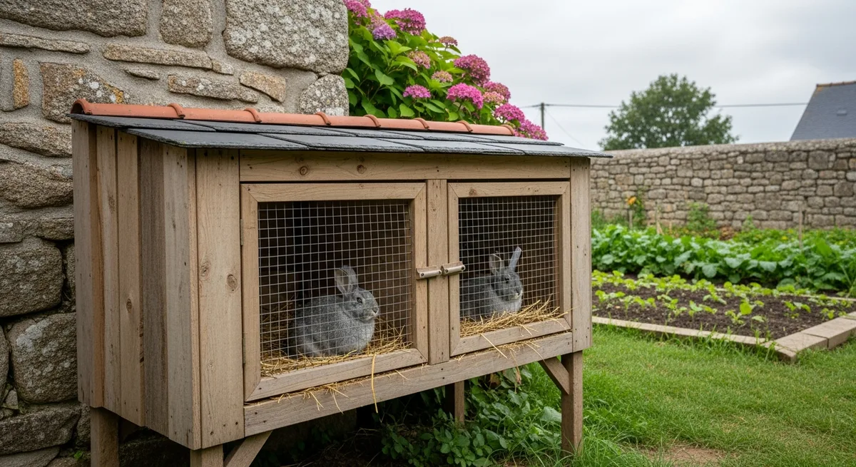 Clapier en bois dans un jardin breton, deux lapins gris sur la paille