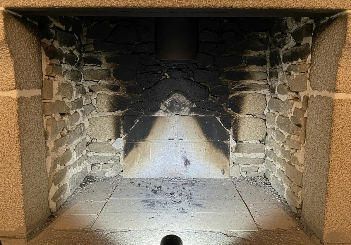 Intérieur d'une cheminée en granit avec joints détériorés — diagnostic avant rénovation