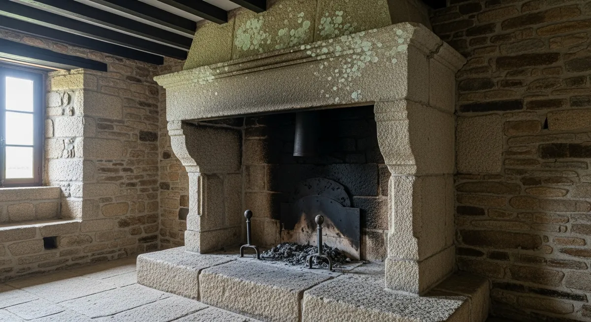 Cheminée en pierre de granit remise en service dans une longère bretonne