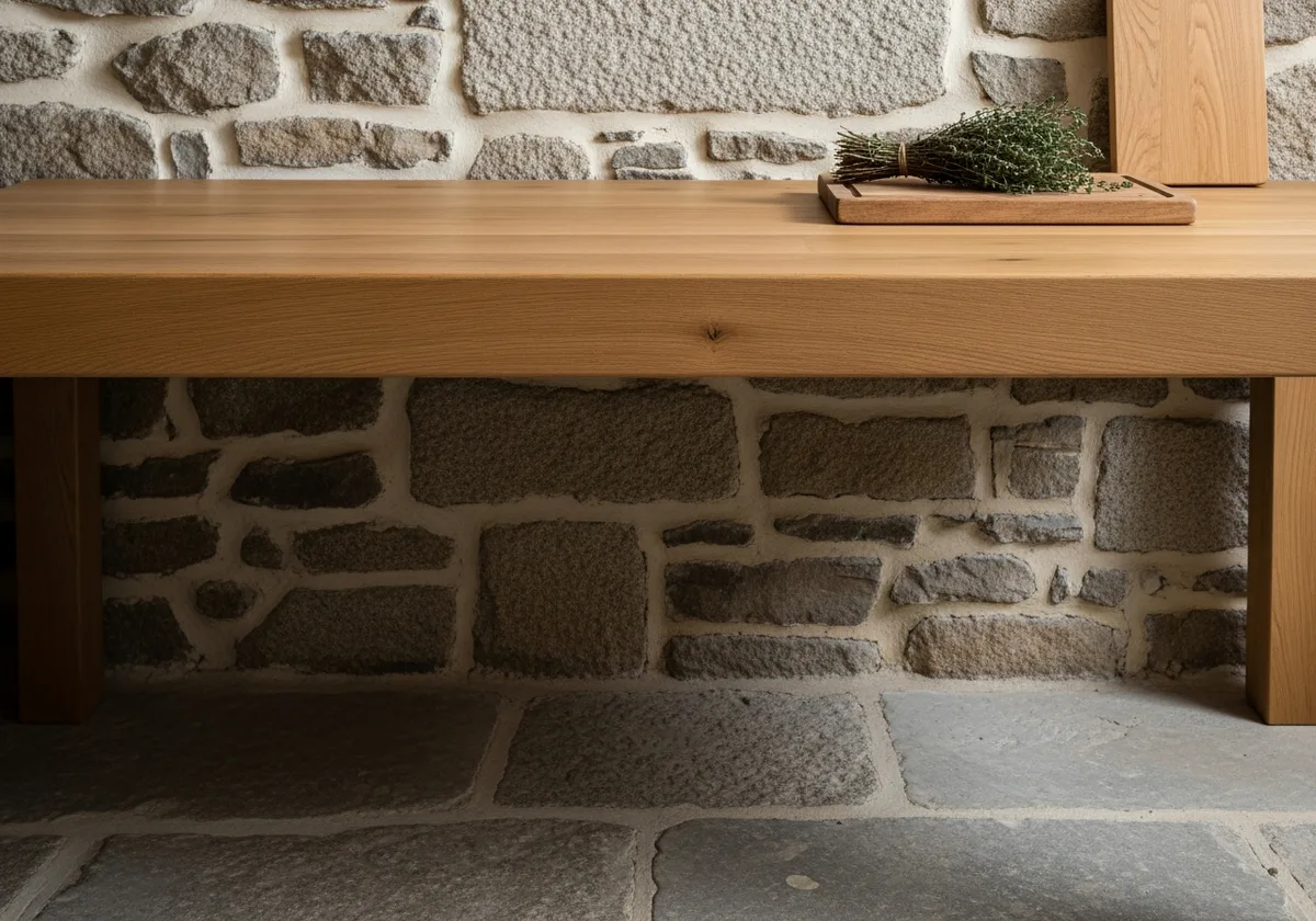 Plan de travail en chêne massif huilé et mur en granit apparent — détail de cuisine de longère bretonne rénovée