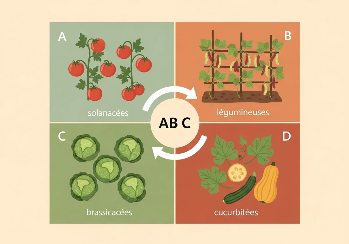 Vue schématique d'un potager en 4 planches avec rotation des cultures par famille botanique