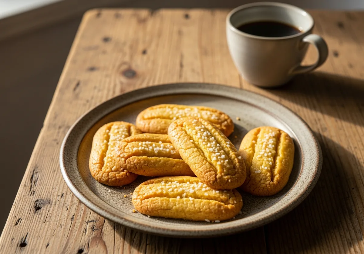 Sablés bretons au beurre salé avec cristaux de fleur de sel sur une assiette rustique, tasse de café en arrière-plan