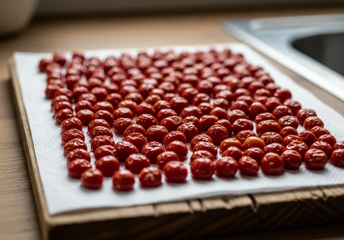 Graines de tomates en train de sécher sur papier absorbant — étape de conservation des semences maison