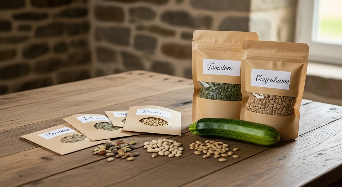 Sachets en papier étiquetés de semences maison et graines variées sur une table en bois de ferme