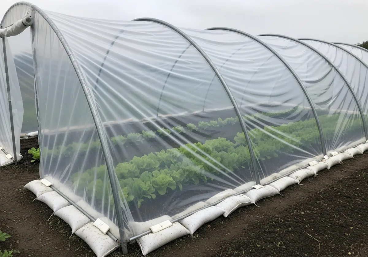 Arceaux galvanisés et film polyéthylène d'un tunnel froid dans un potager breton, légumes visibles sous le plastique translucide