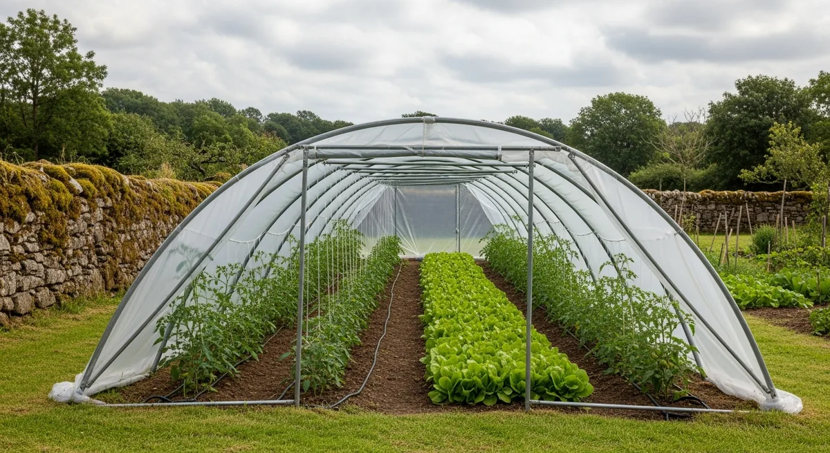 Tunnel froid en polyéthylène au-dessus de rangs de légumes dans un potager en Bretagne