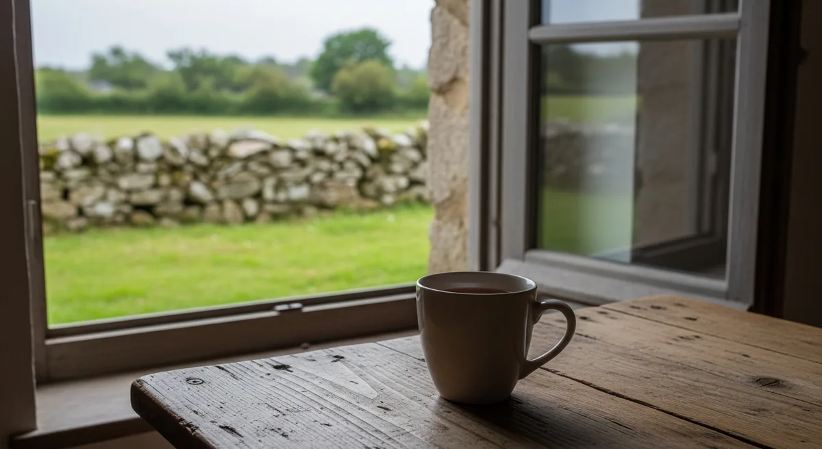 Tasse de thé posée sur une vieille table en bois face à une fenêtre ouverte sur un jardin breton, lumière douce du matin