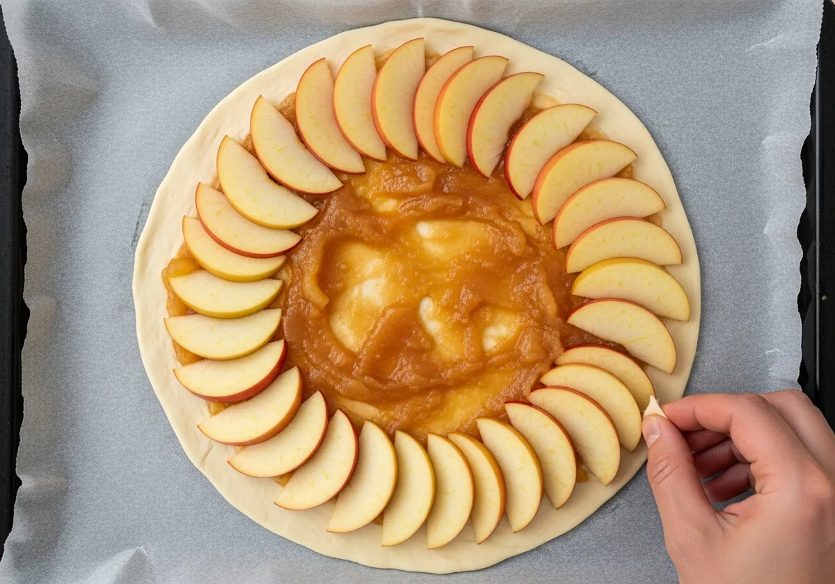Montage d'une tarte fine aux pommes vue du dessus : compote étalée sur pâte feuilletée crue, lamelles disposées en rosace serrée depuis l'extérieur