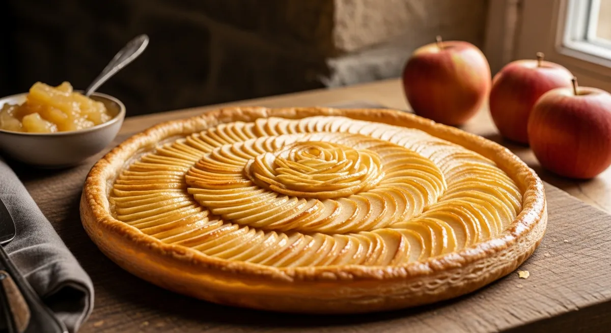 Tarte fine aux pommes bretonnes sur planche en bois, lamelles dorées bien serrées, bord feuilleté caramélisé