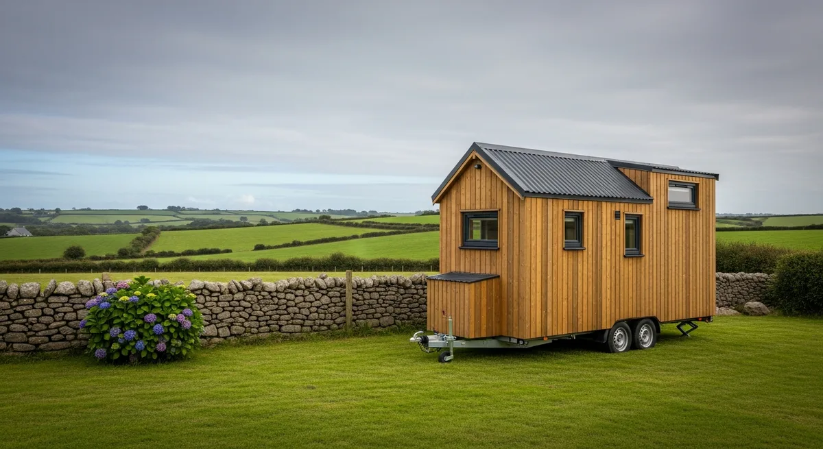 Tiny house en bois sur terrain rural breton, avec végétation et ciel nuageux typique du Finistère