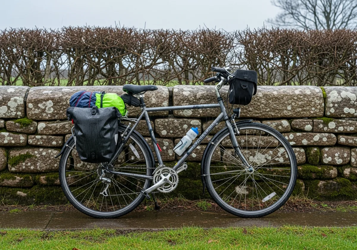 Vélo utilitaire chargé de sacoches posé contre un mur de granit breton sous la pluie d'hiver, vie sans voiture bretagne rurale