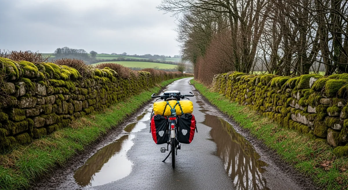 Vélo chargé de sacoches sur un chemin rural breton sous ciel gris de Finistère