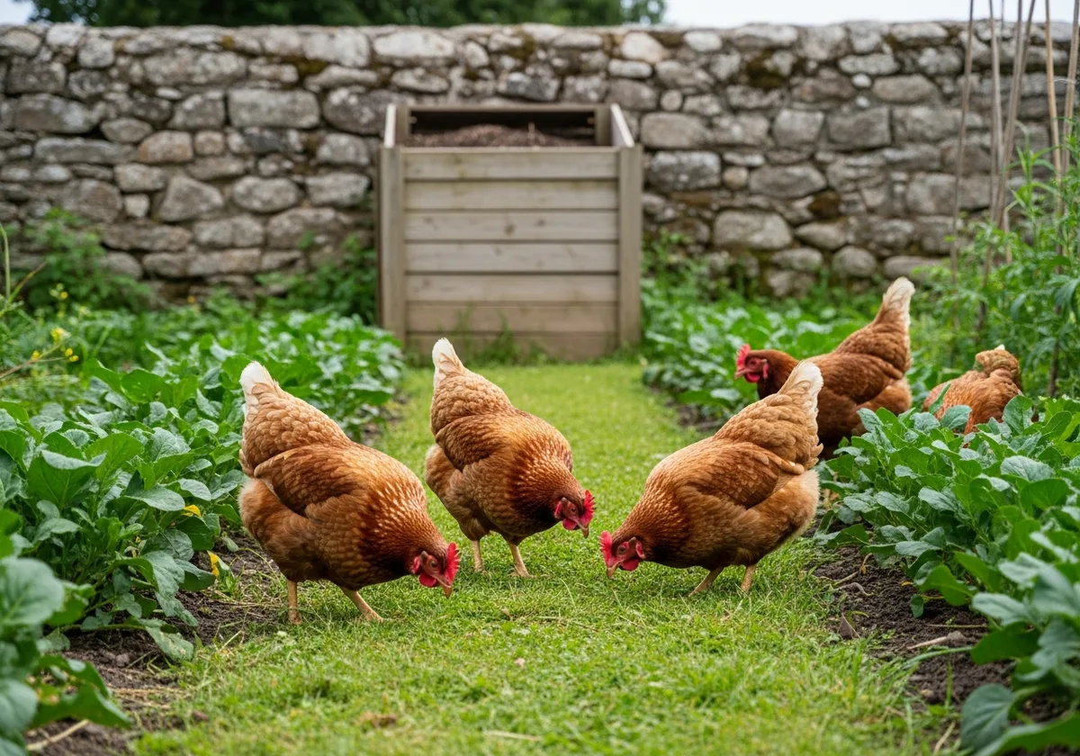 Trois poules brunes en liberté dans le potager de Lezavarn, composteur en bois et mur en granit en arrière-plan