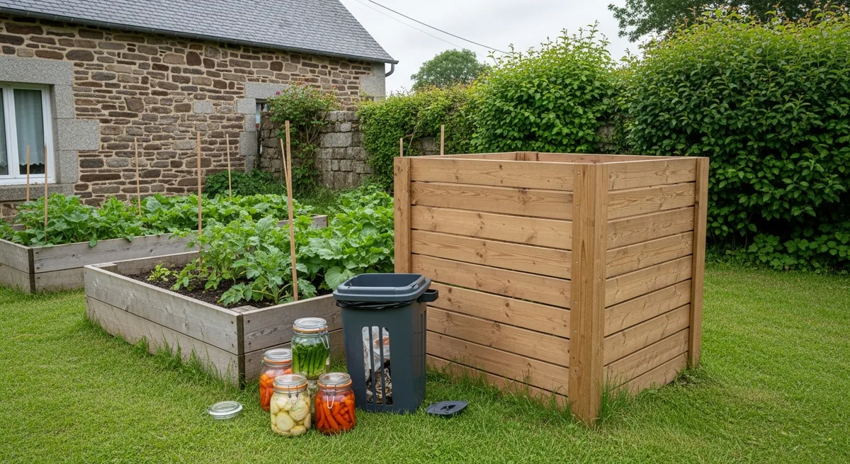 Composteur en bois et bocaux de conserves dans le potager d'une ferme bretonne, démarche zéro déchet