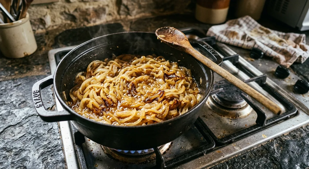 Cocotte en fonte vue de dessus avec oignons émincés qui caramélisent lentement sur feu doux