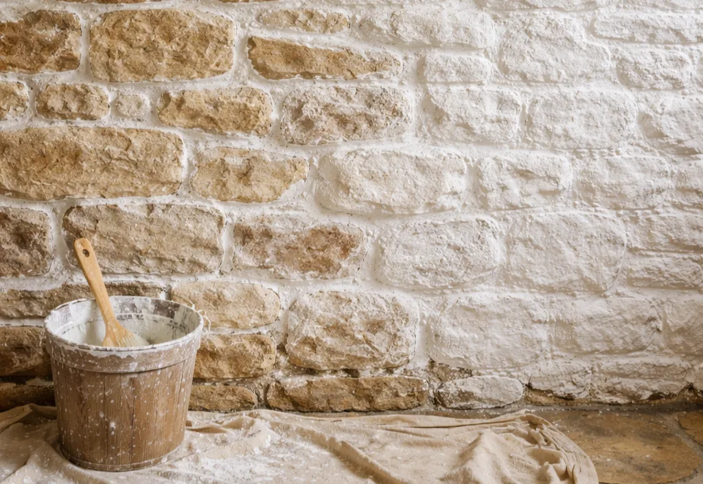 Enduit à la chaux sur mur en granit rénové — Ferme de Lezavarn, Finistère