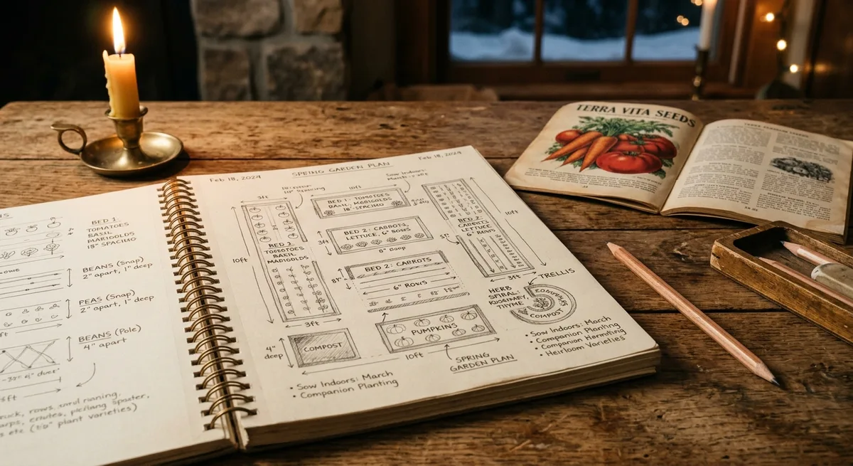 Cahier de planification du potager ouvert sur une table rustique, croquis de parcelles, crayon et catalogue de graines, lumière de bougie