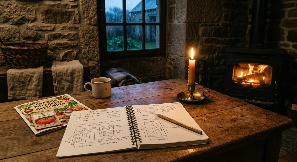 Cahier de planification potager ouvert sur une table en bois, bougie allumée, soirée d'hiver à la ferme